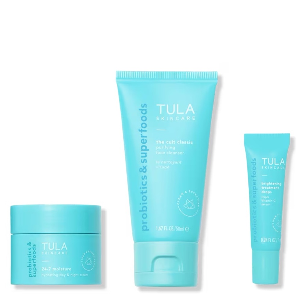 Tula On the Go skincare routine cleanse, moisturize, brighten